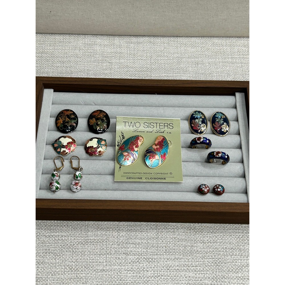 Cloisonne Enamel Floral Earring Lot 7 Pairs Two Sisters Handcrafted Vintage Boho